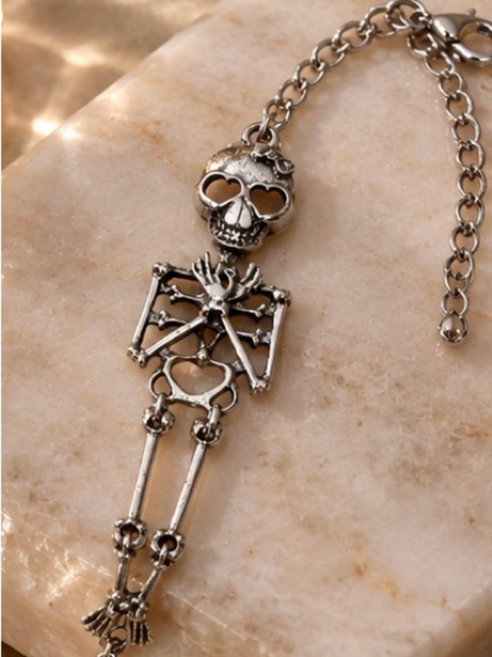 Silver Tone Skeleton Skull Bracelet Gothic Punk Halloween Statement Jewelry